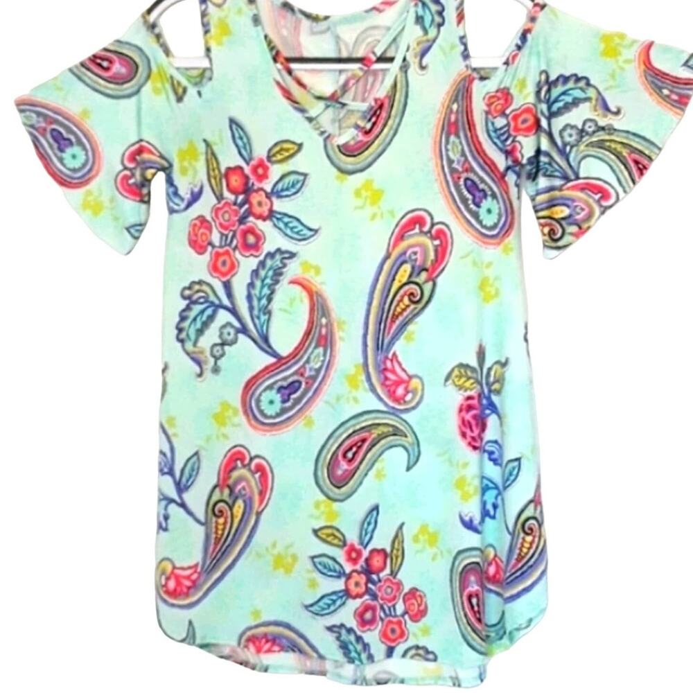 Womens Sz S Green Paisley Criss Cross V-neck  Fairy Feminine Bell Sleeve Blouse